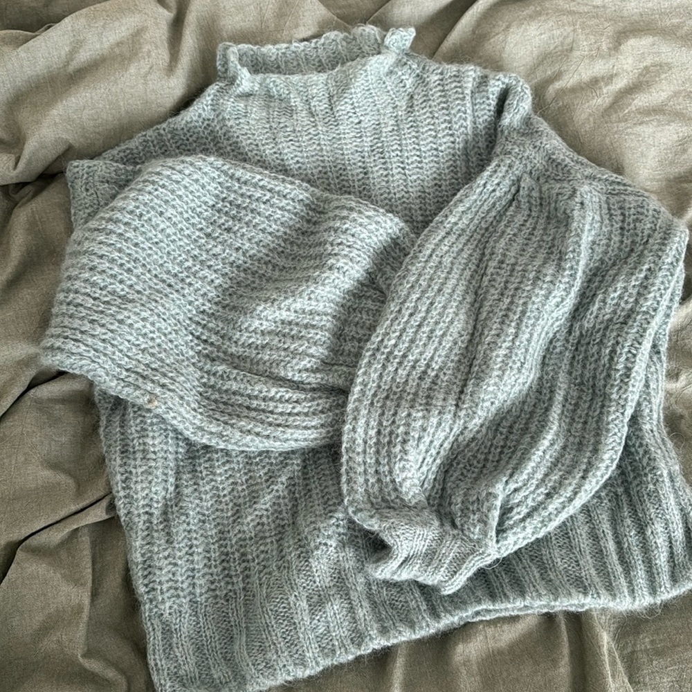 Sezane Olric Mockneck Puff Sleeve Mohair Sweater, XS, Dusty Sage Green